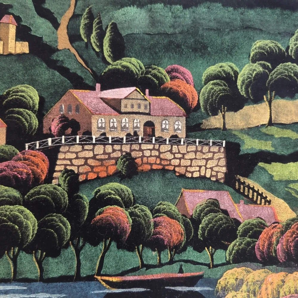 Vintage Hand Painted Velvet Painting Wall Hanging Colorful Village Folk Art MCM